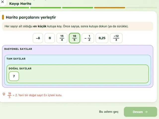 7. sınıf ders kartı: sayıları doğal, tam ve rasyonel sayı kutularına yerleştirme