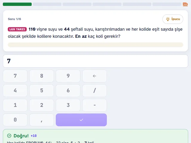 8. sınıf LGS tarzı soru: iki tür meyve suyunu en az koliye yerleştirme, EBOB ile çözüm